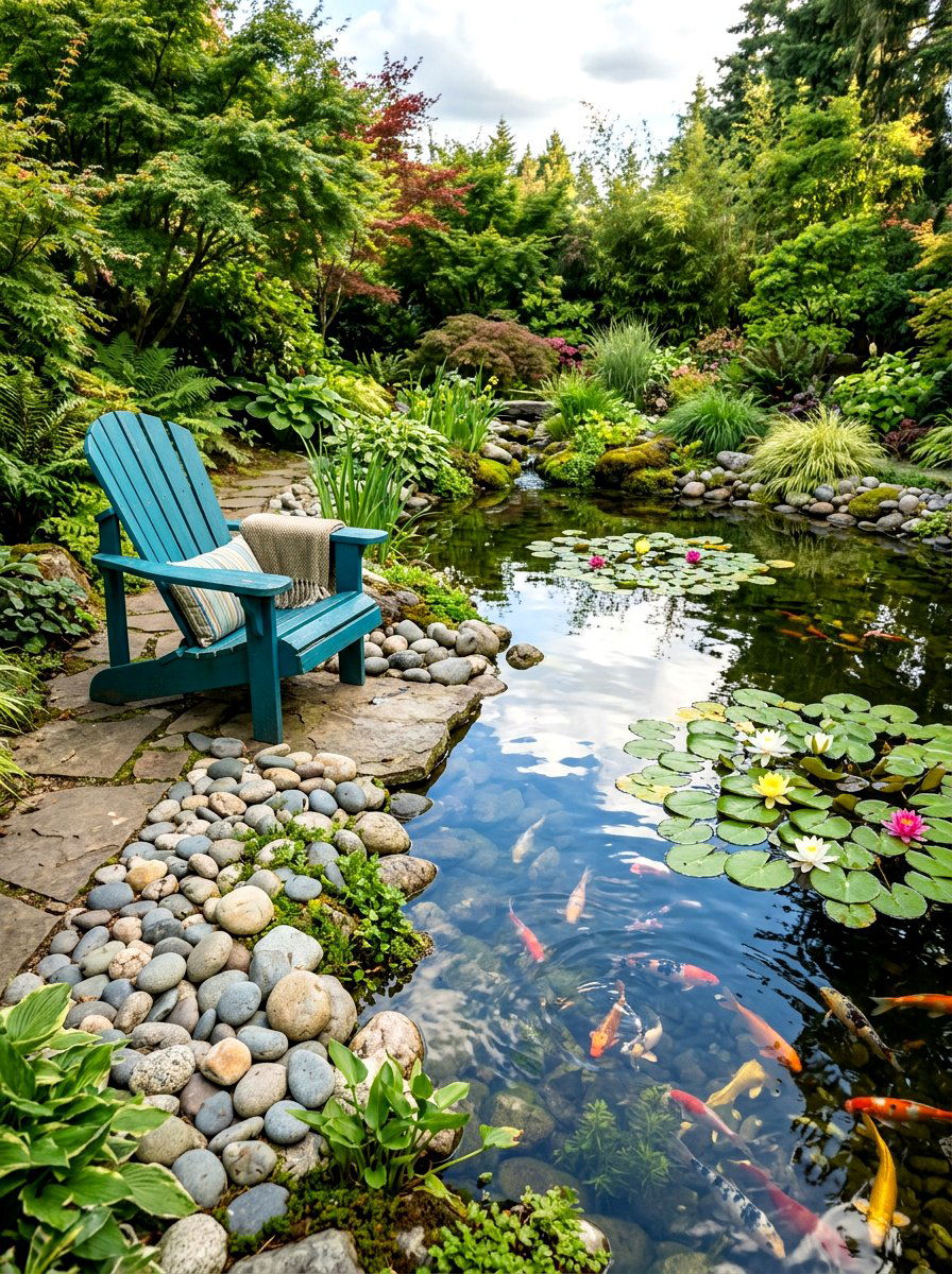 Adirondack Chair Near Koi Pond - 25 Spring Adirondack Chair Decor Ideas