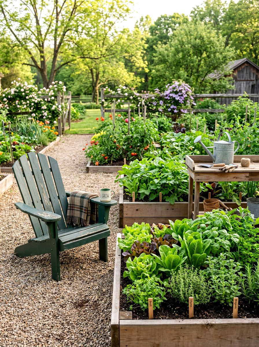 Adirondack Chair Near Vegetable Garden - 25 Spring Adirondack Chair Decor Ideas