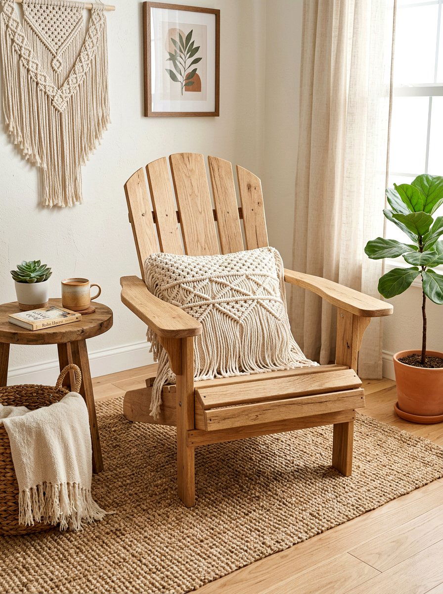 Adirondack Chair With Boho Macrame Pillow - 25 Spring Adirondack Chair Decor Ideas