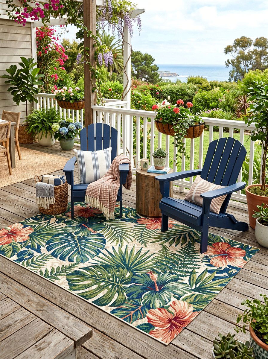Adirondack Chair With Floral Outdoor Rug - 25 Spring Adirondack Chair Decor Ideas