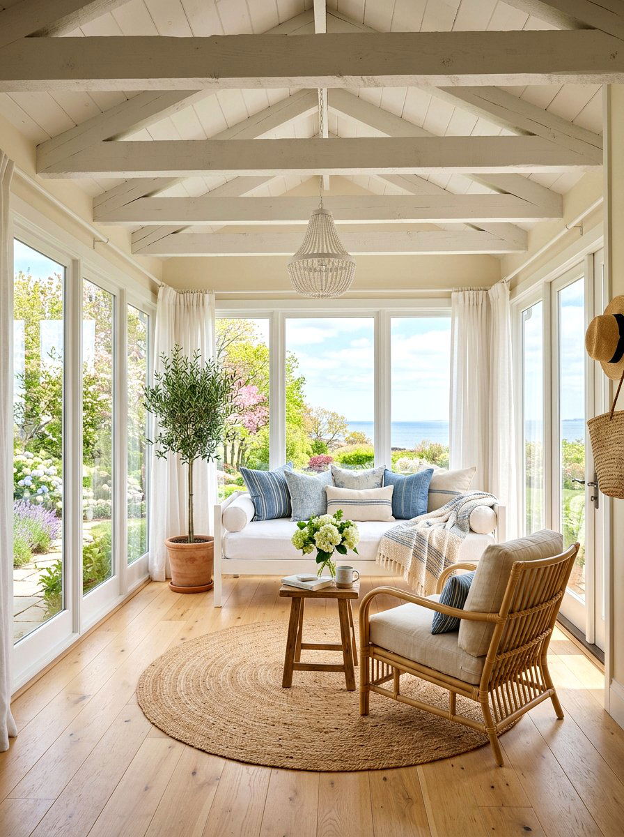 Airy Coastal Sunroom - 25 Spring Coastal Decor Ideas