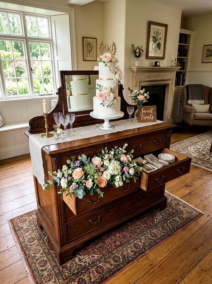 Antique Dresser Cake Station - 25 Spring Wedding Cake Table Ideas