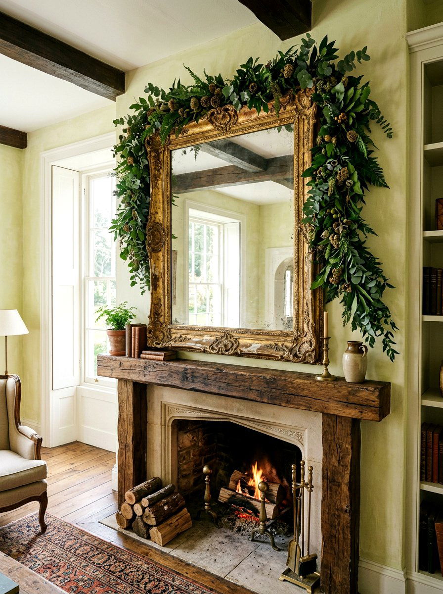 Antique Mirror Botanical Garland - 25 Spring Rustic Mantel Ideas