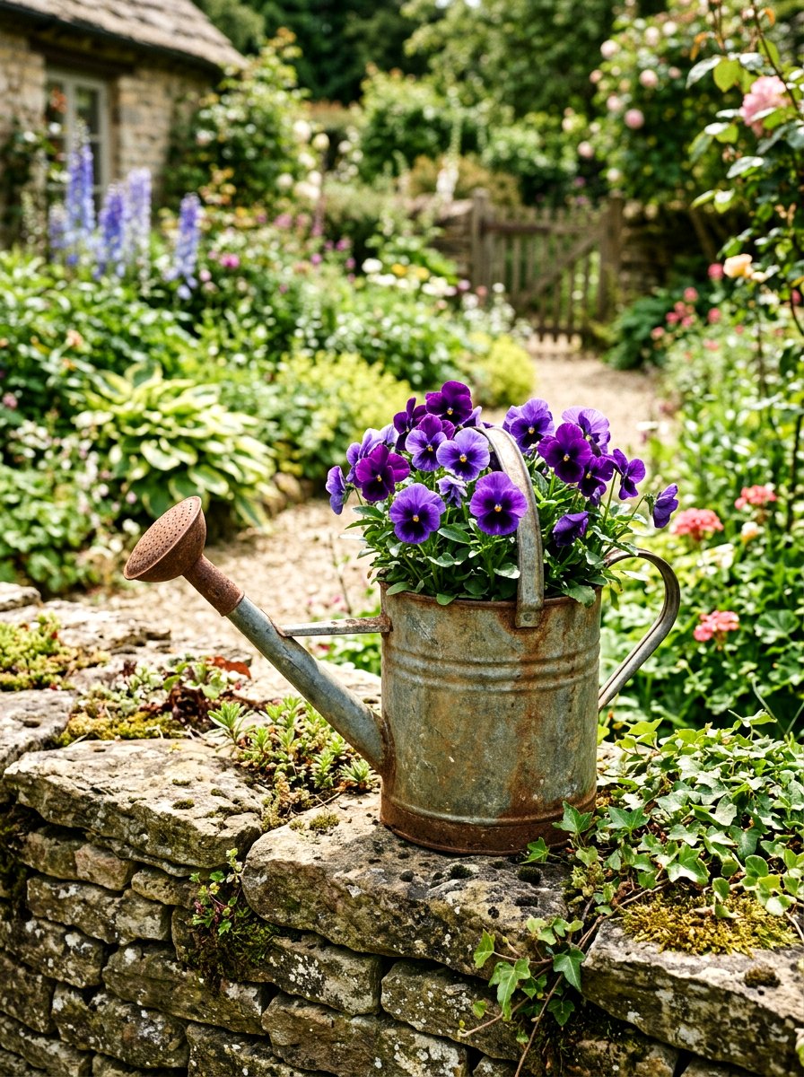 Antique Watering Can Pansy Planter - 25 Spring Pansy Planter Ideas