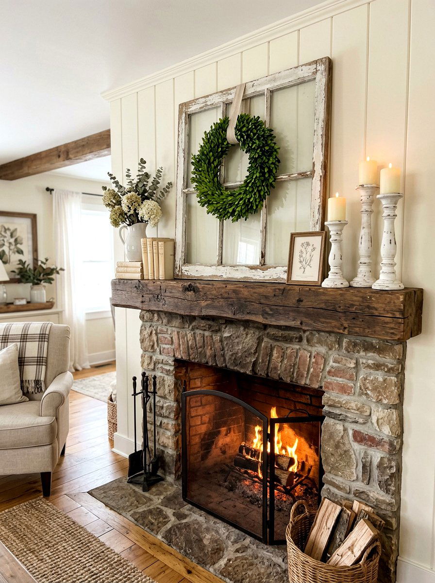Antique Window Frame Decor - 25 Spring Farmhouse Fireplace Ideas