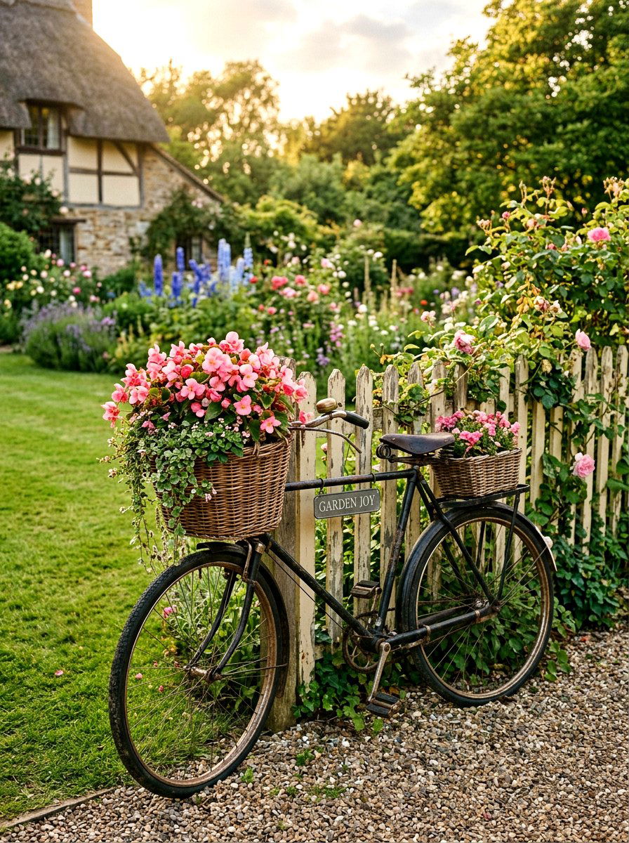 Antique bicycle planter - 25 Spring Cottage Fence Decor Ideas