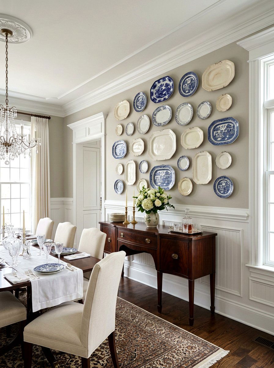 Antique ironstone platter wall - 25 Spring Ironstone Decor Ideas