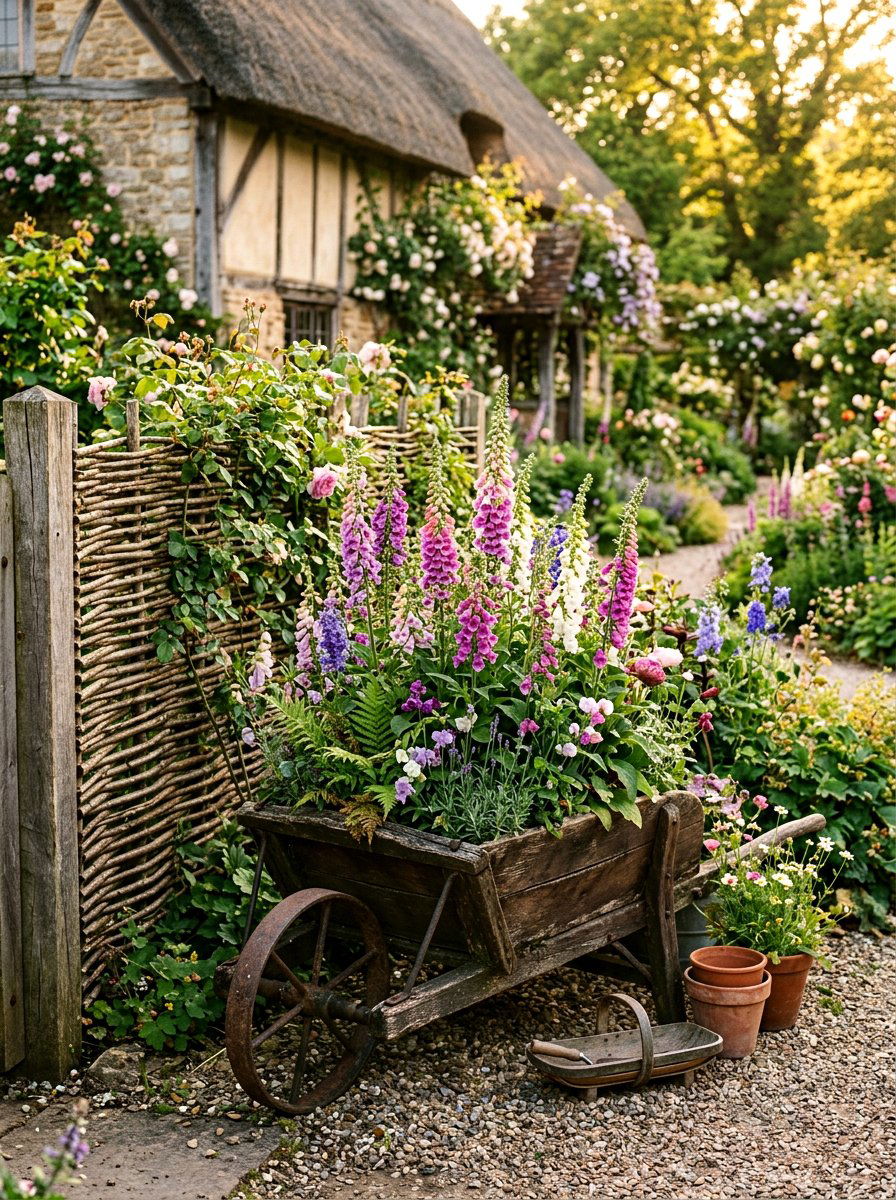 Antique wheelbarrow garden display - 25 Spring Picket Fence Decor Ideas