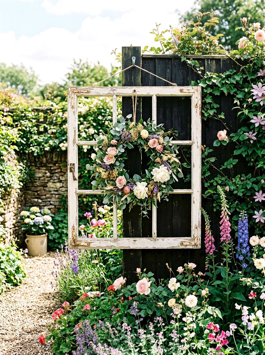 Antique window frame - 25 Spring Garden Fence Decor Ideas