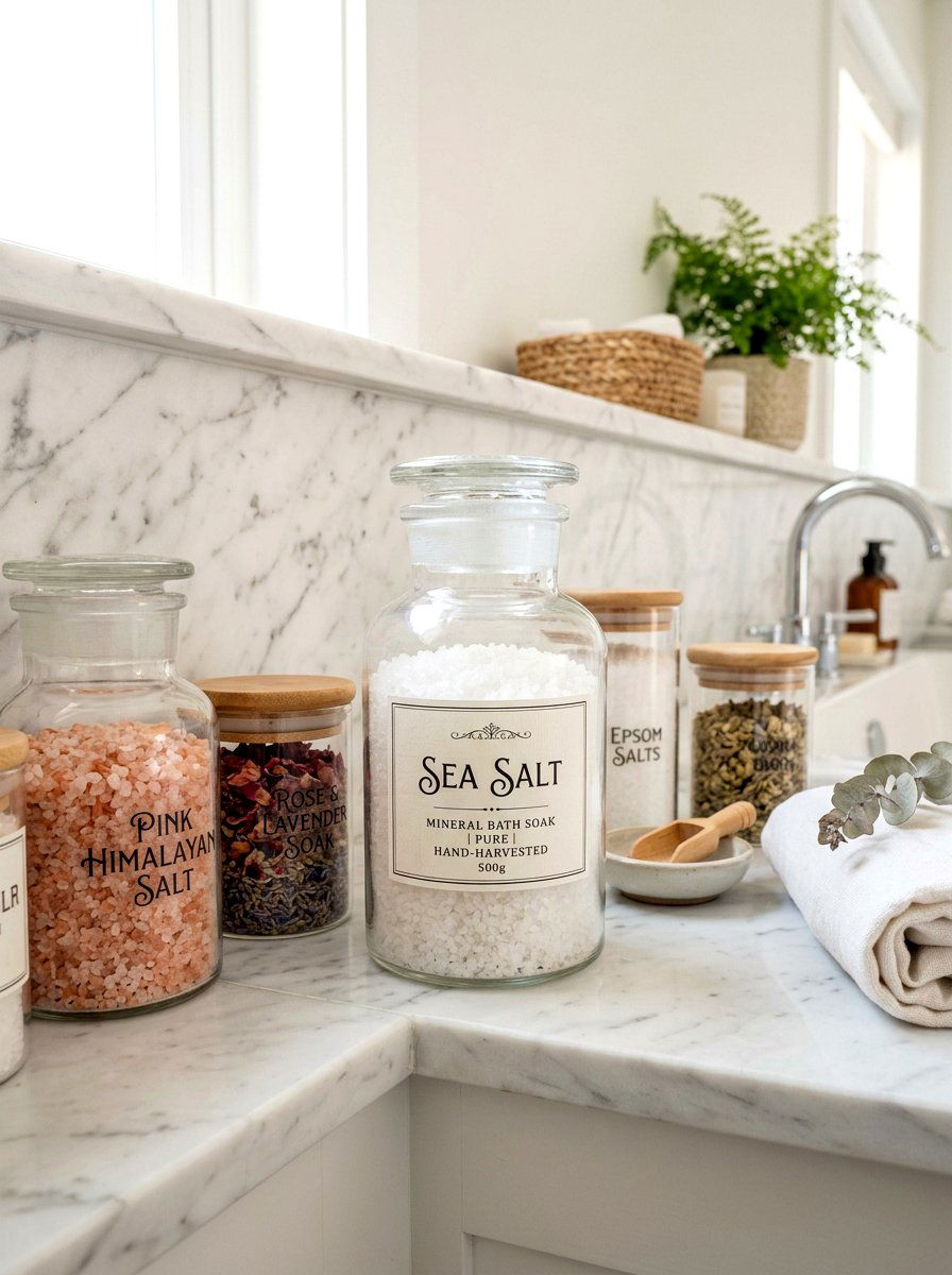 Apothecary Jar With Sea Salt - 25 Spring Bathroom Shelf Decor Ideas