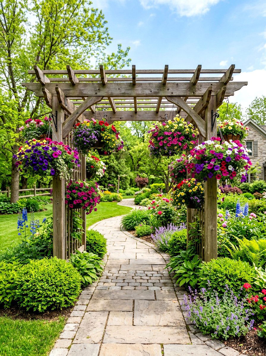 Arbor With Hanging Flower Baskets - 25 Spring Arbor Entrance Decor Ideas