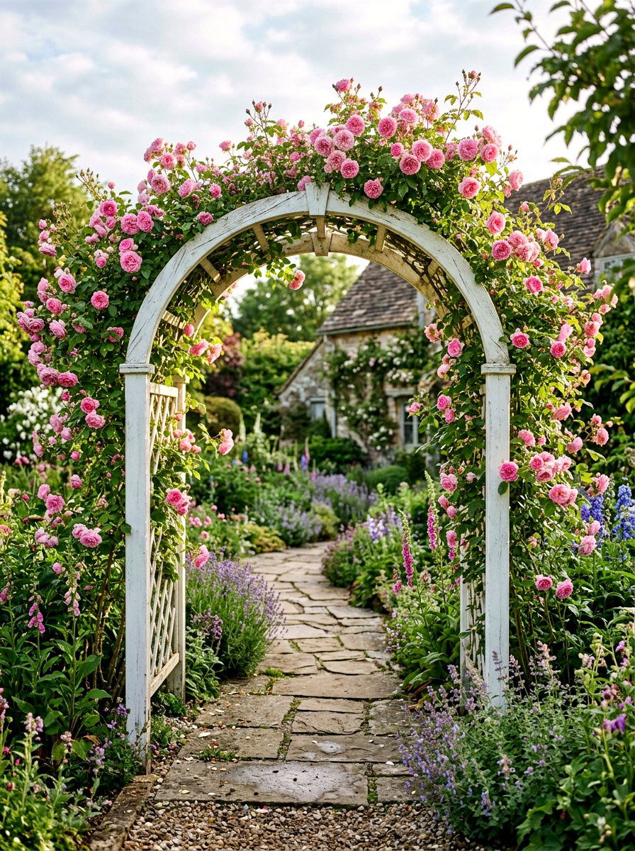Arched Trellis Climbing Roses - 25 Spring Garden Pathway Decor Ideas