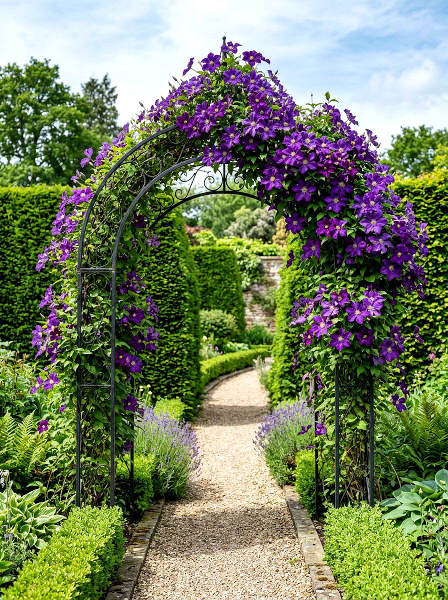 Arched Trellis With Clematis - 25 Spring Arbor Entrance Decor Ideas