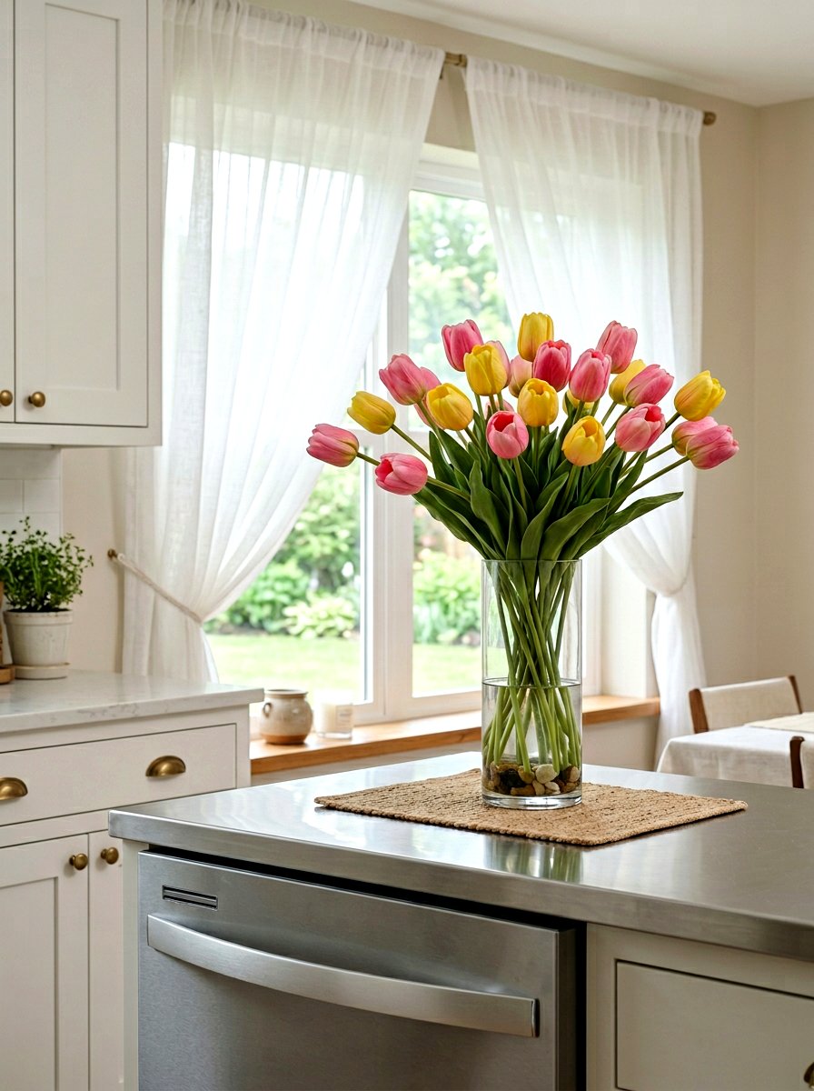 Artificial Tulips In Vase - 25 Spring Refrigerator Top Decor Ideas
