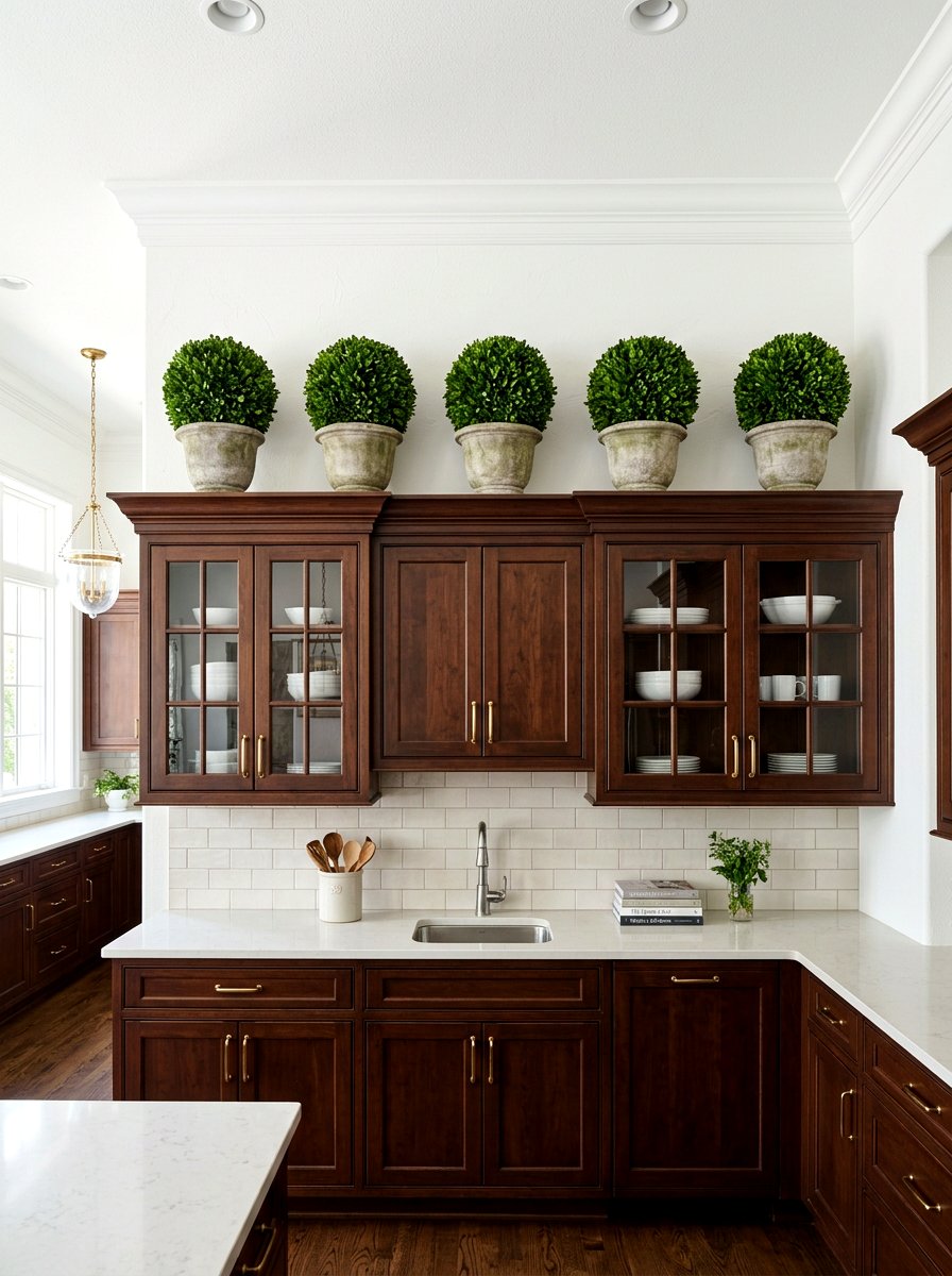 Artificial boxwood topiaries - 25 Spring Above Cabinet Decor Ideas