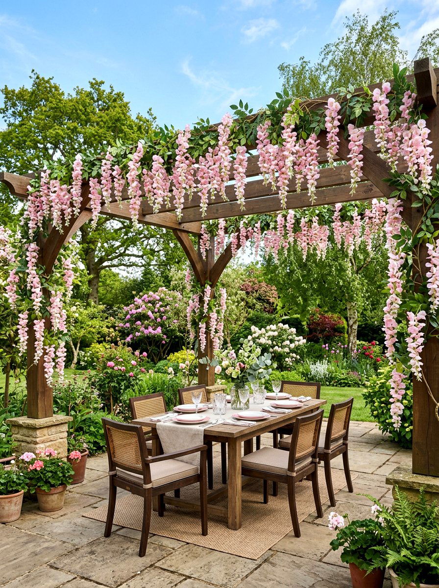 Artificial floral garland - 25 Spring Pergola Hanging Decor Ideas
