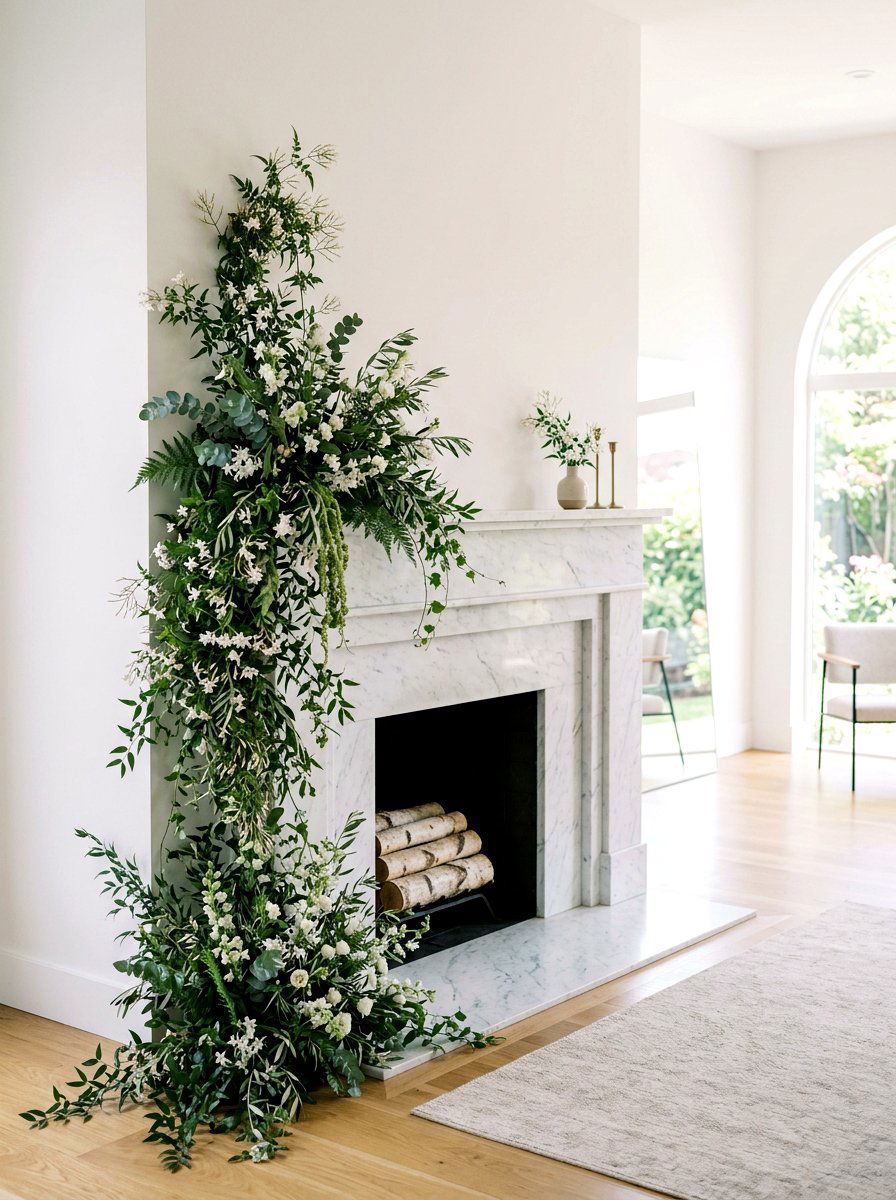 Asymmetrical Floral Drape - 25 Spring Mantel Floral Ideas
