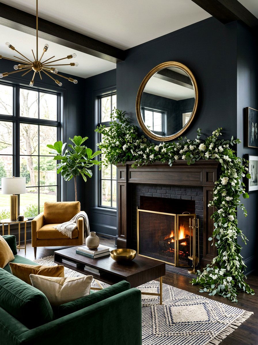 Asymmetrical Greenery Garland - 25 Spring Modern Mantel Ideas