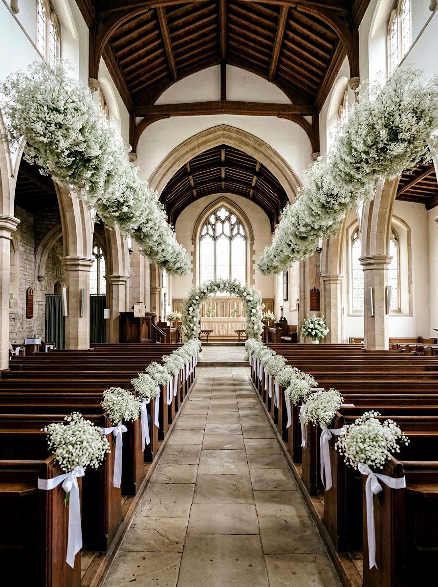 Baby Breath Aisle Markers - 25 Spring Wedding Pew Decor Ideas