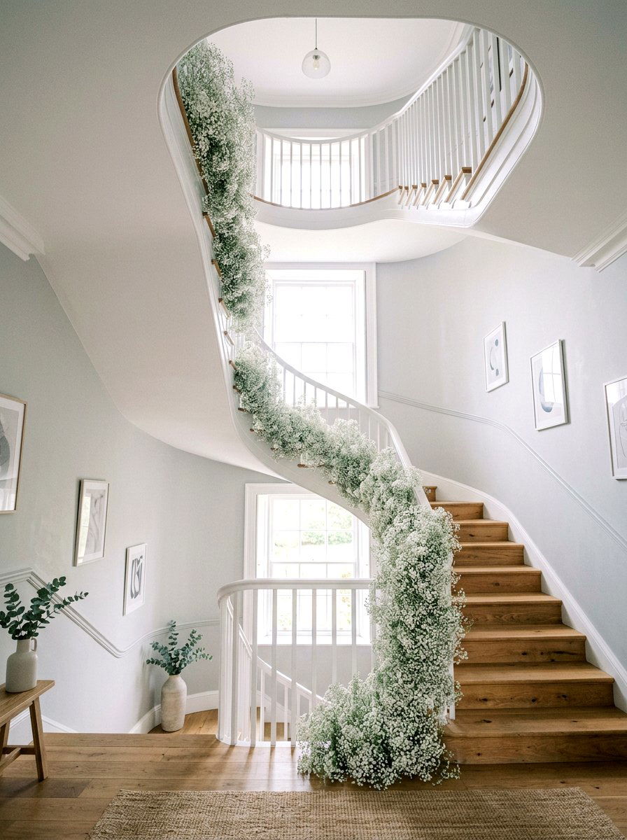 Baby Breath Garland - 25 Spring Stair Railing Decor Ideas