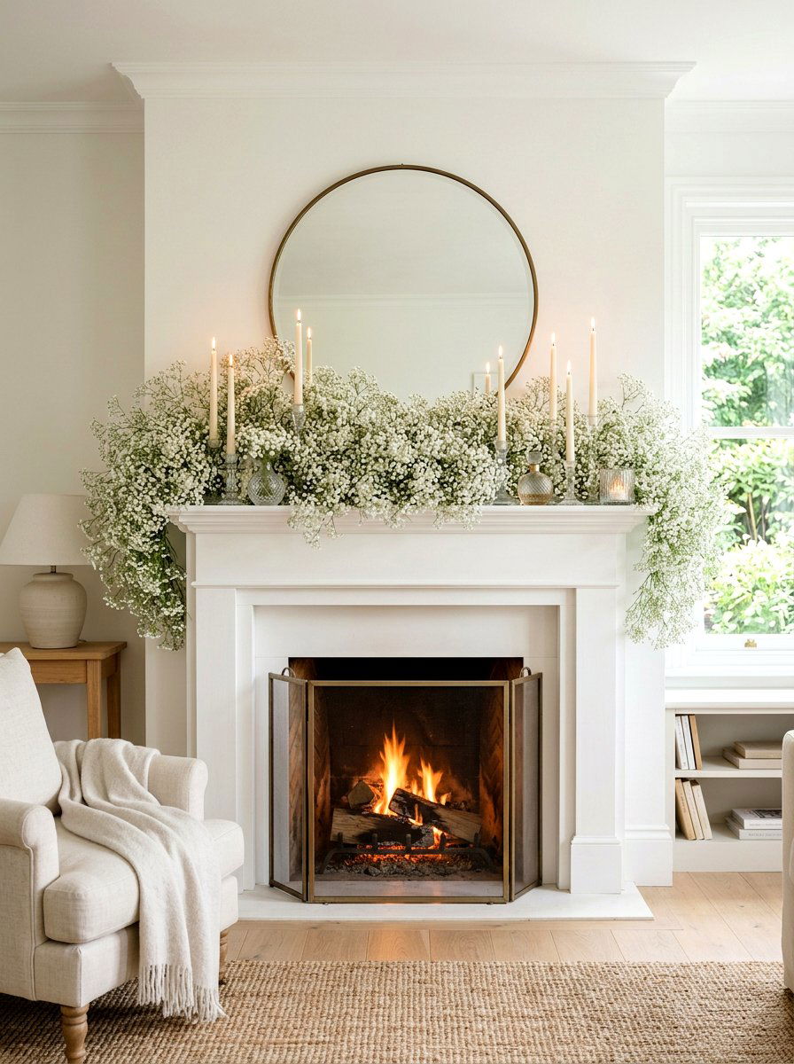 Baby Breath Mantel - 25 Spring Garland Ideas for Mantel