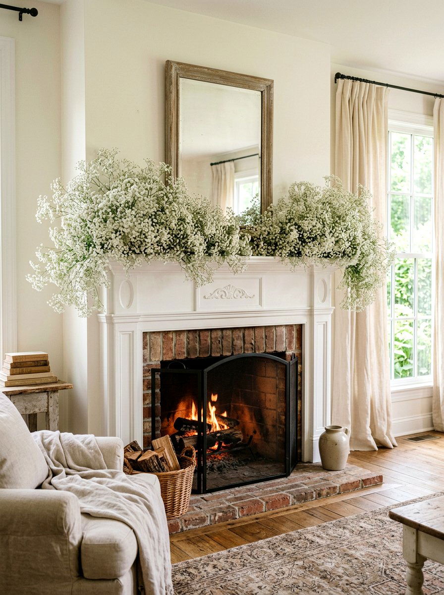 Babys Breath Mantel - 25 Spring Mantel Garland Ideas