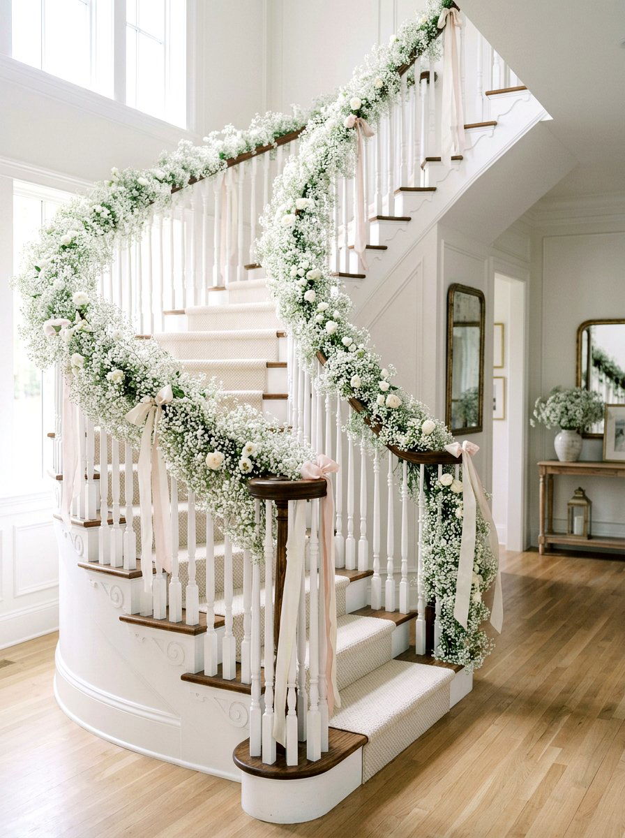 Babys breath garland - 25 Spring Staircase Garland Ideas