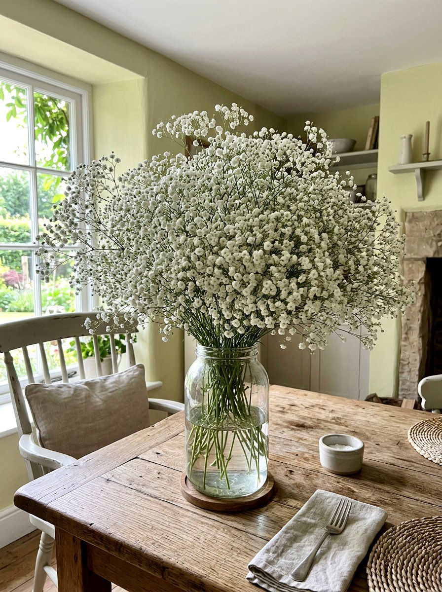 Babys breath simple jar - 25 Spring Faux Flower Arrangement Ideas