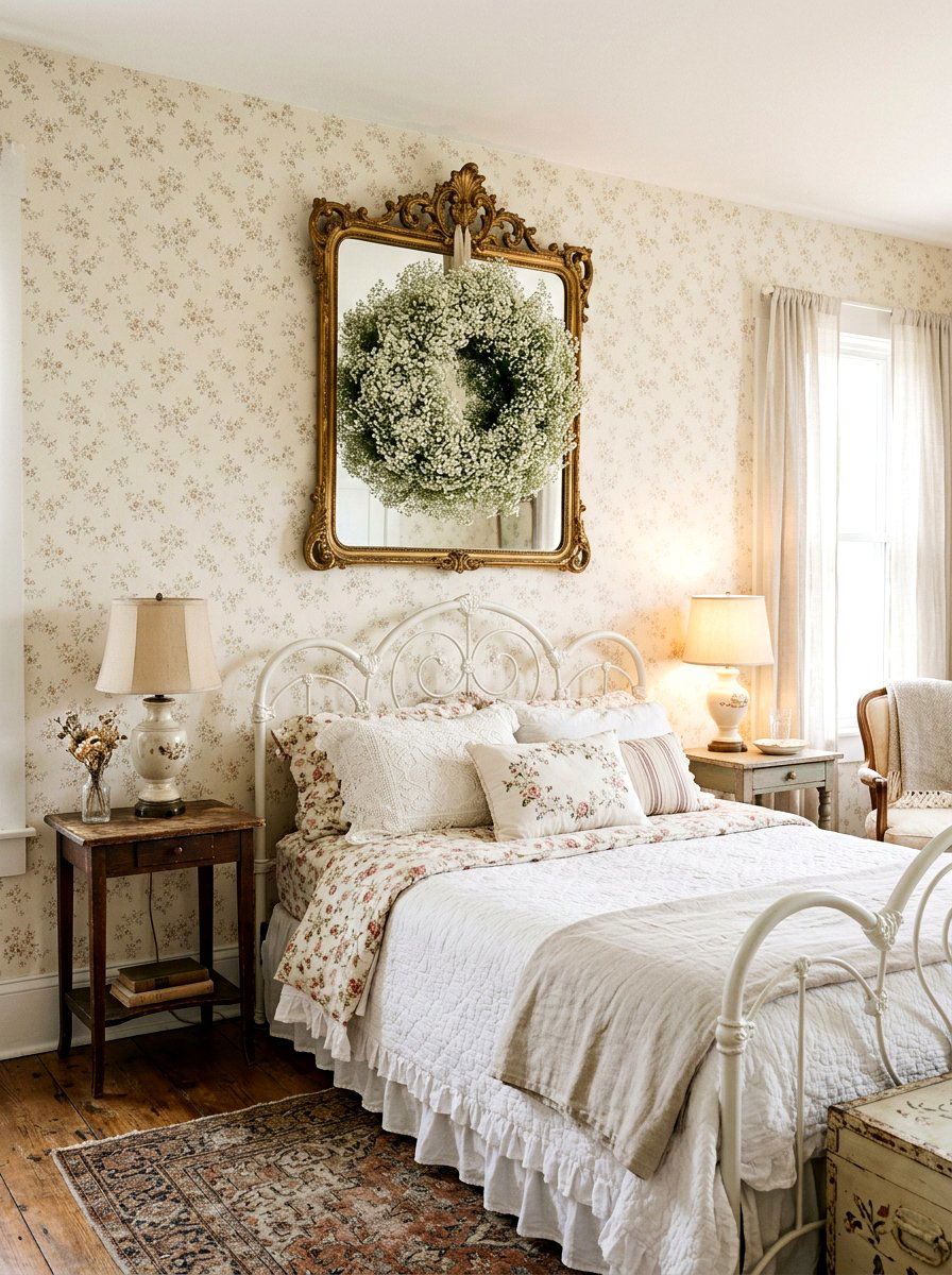 Babys breath wreath on vintage mirror - 25 Spring Wreath on Mirror Ideas