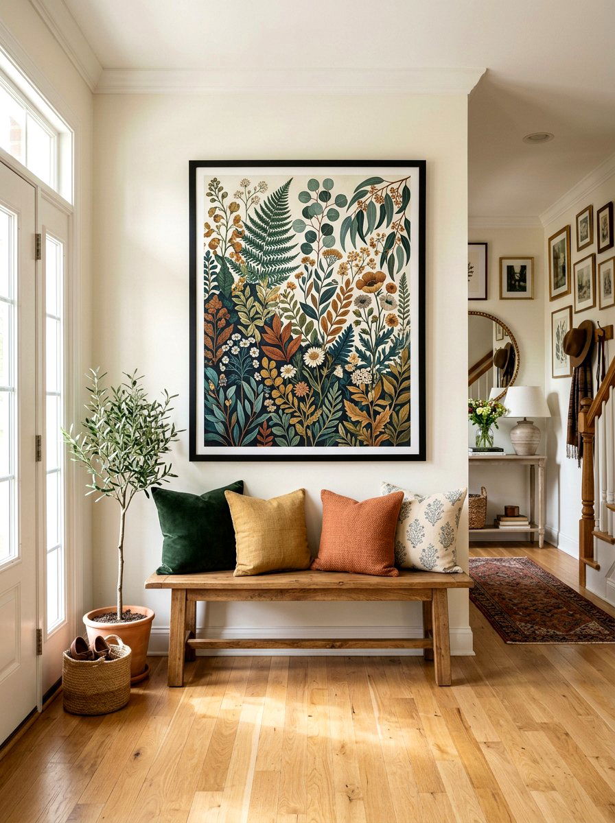 Backless Bench With Wall Art - 25 Spring Entryway Bench Decor Ideas