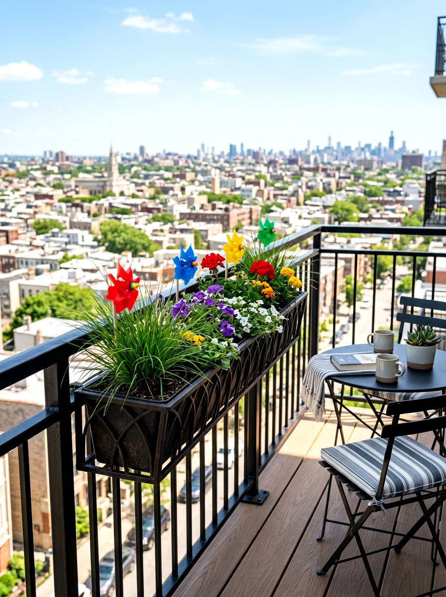 Balcony Railing Pinwheel Box - 25 Spring Pinwheel Decor Ideas