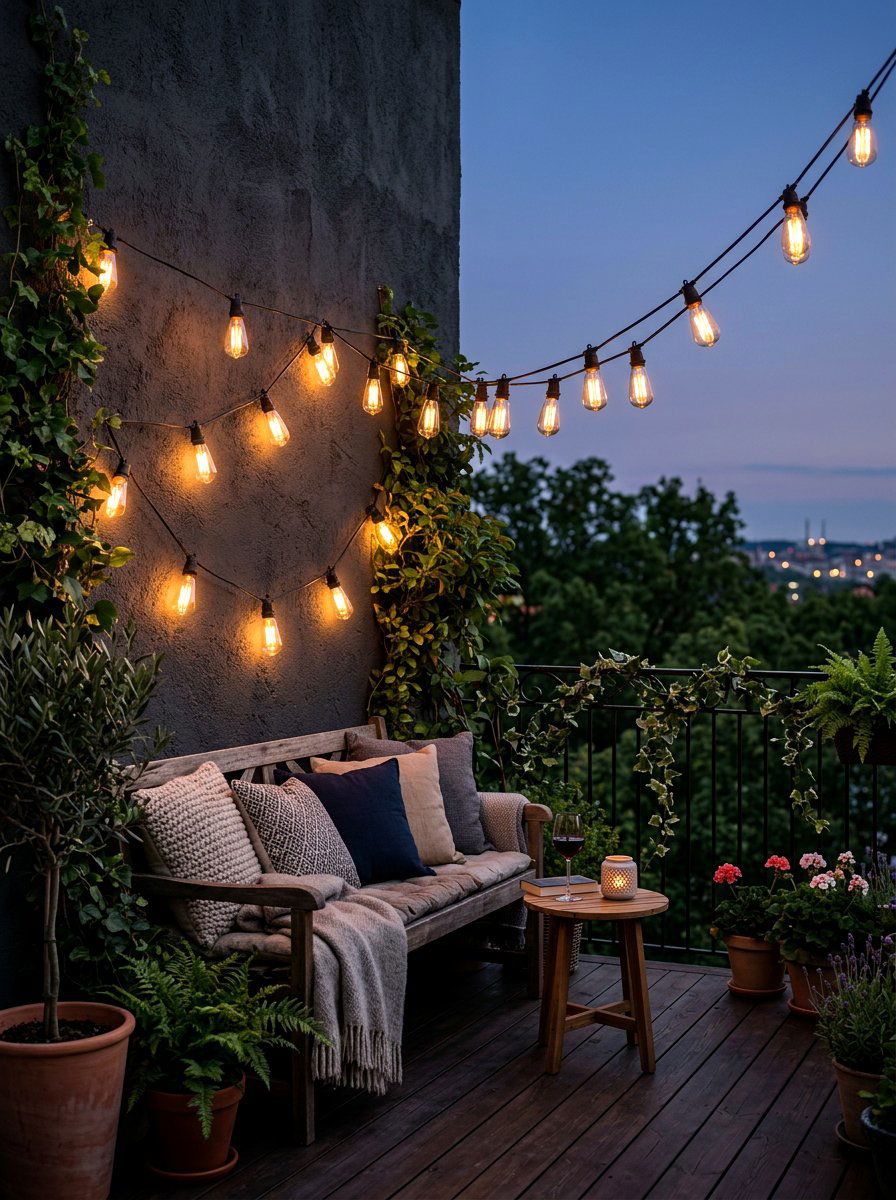 Balcony string lights - 25 Spring Balcony Wall Decor Ideas