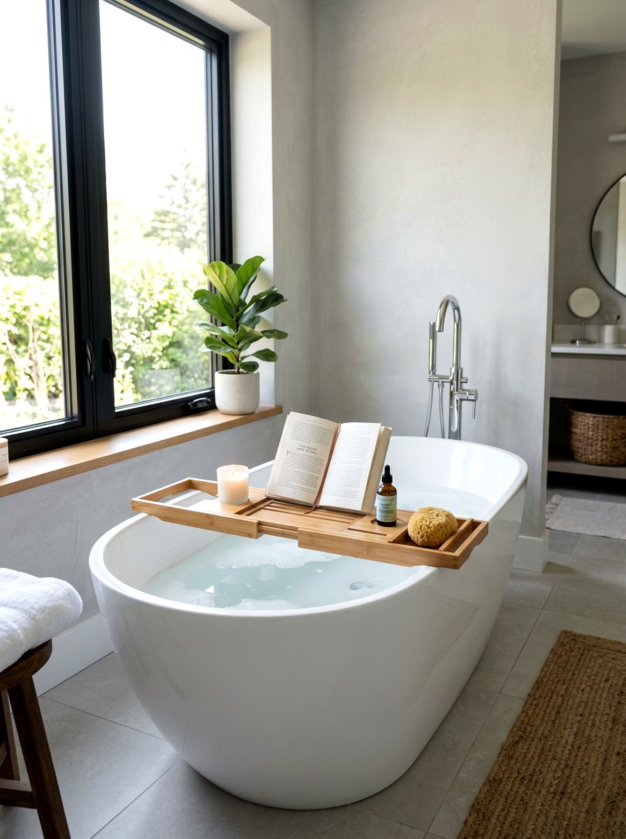Bamboo Bath Tray - 25 Spring Bathroom Refresh Ideas