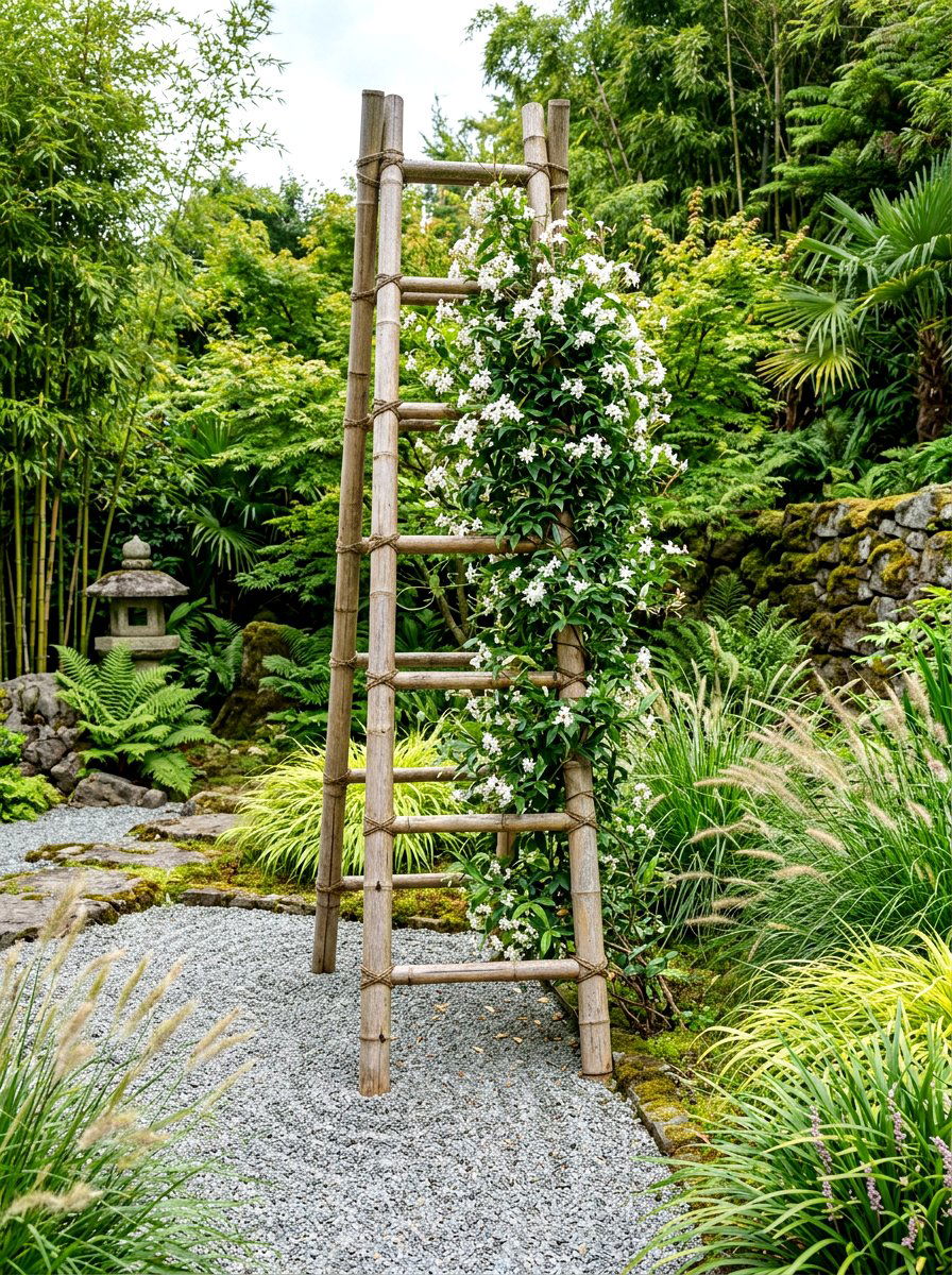 Bamboo Garden Ladder Trellis - 25 Spring Garden Ladder Display Ideas