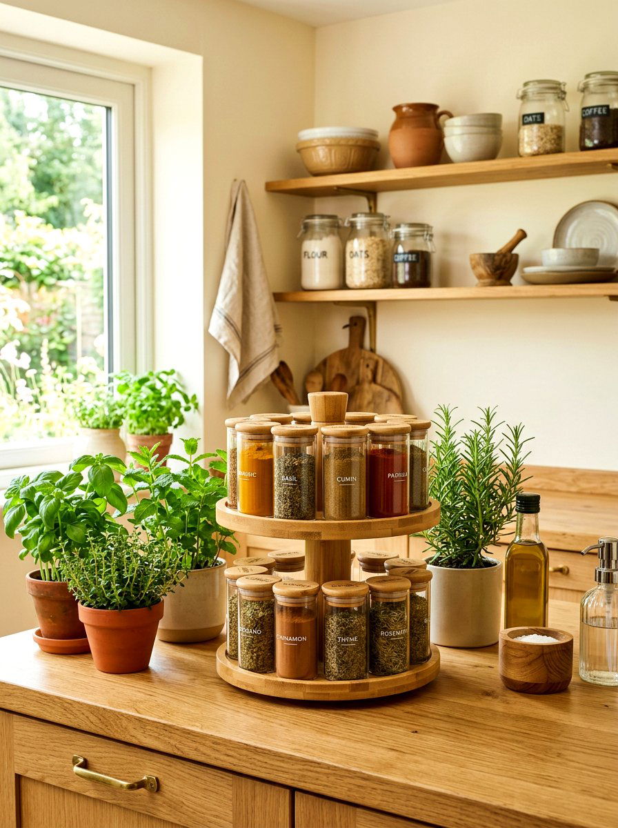 Bamboo Rotating Spice Carousel - 25 Spring Spice Rack Decor Ideas