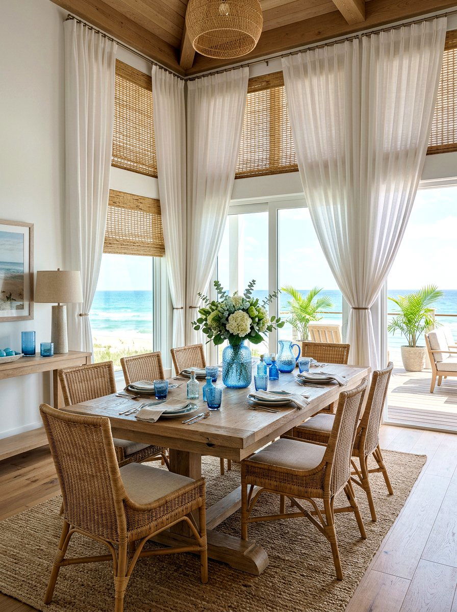 Bamboo Shade With White Drape - 25 Spring Dining Room Curtain Ideas