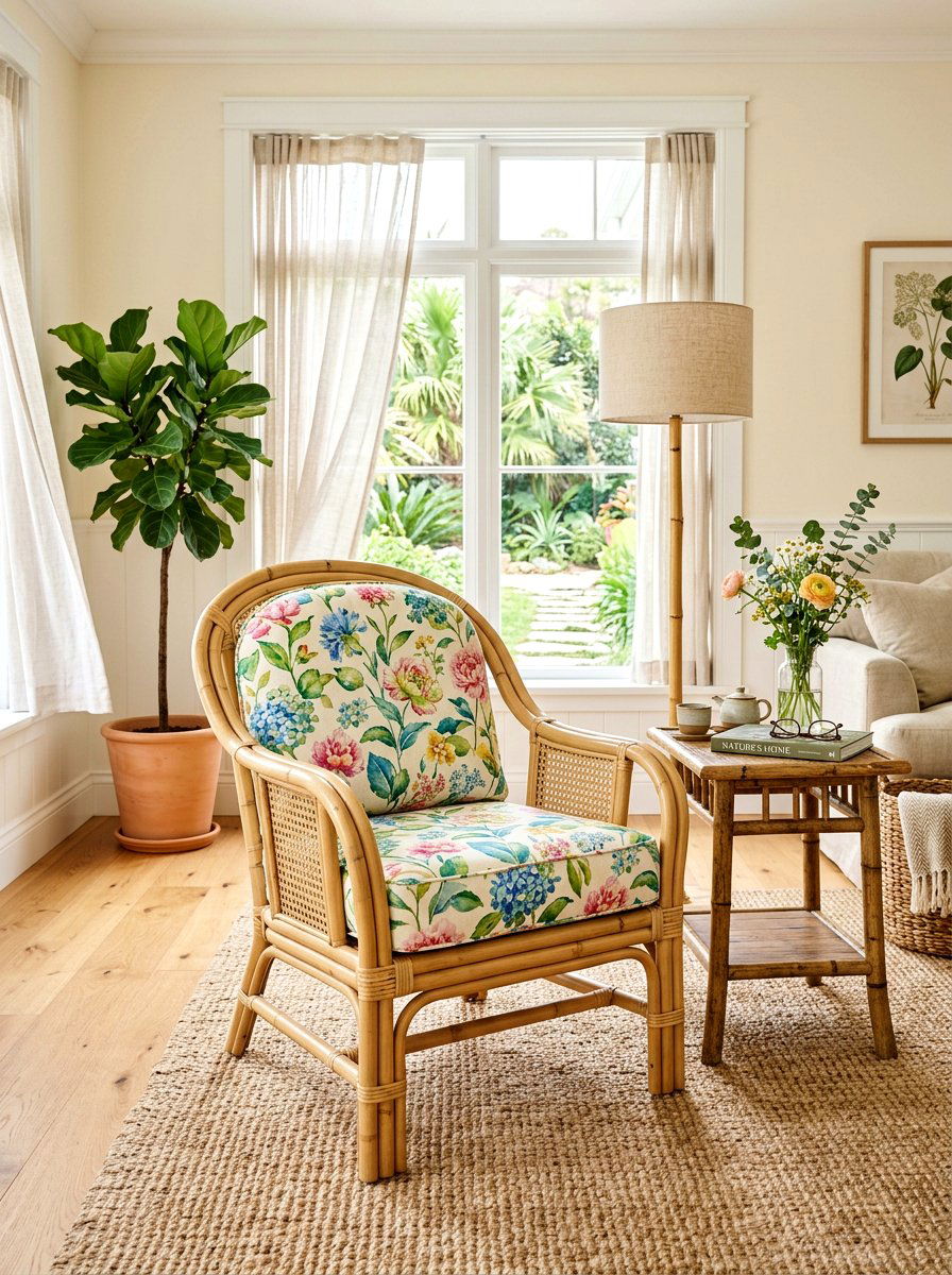 Bamboo accent chair living room - 25 Spring Grandmillennial Decor Ideas