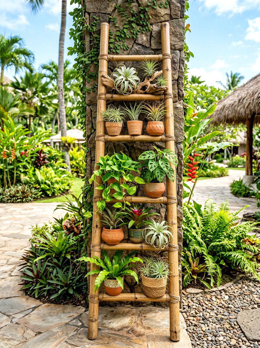 Bamboo ladder garden plant - 25 Spring Outdoor Ladder Decor Ideas