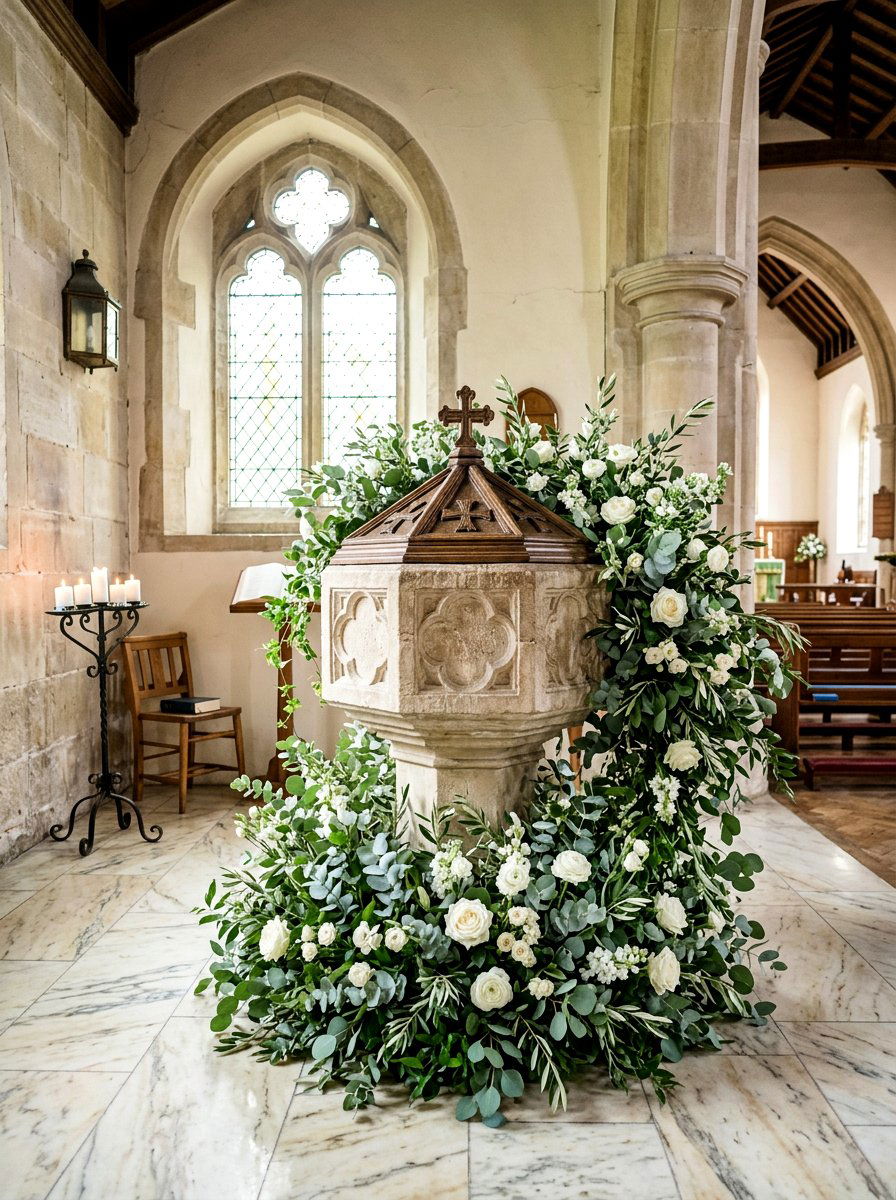 Baptismal Font Greenery - 25 Spring Church Decor Ideas