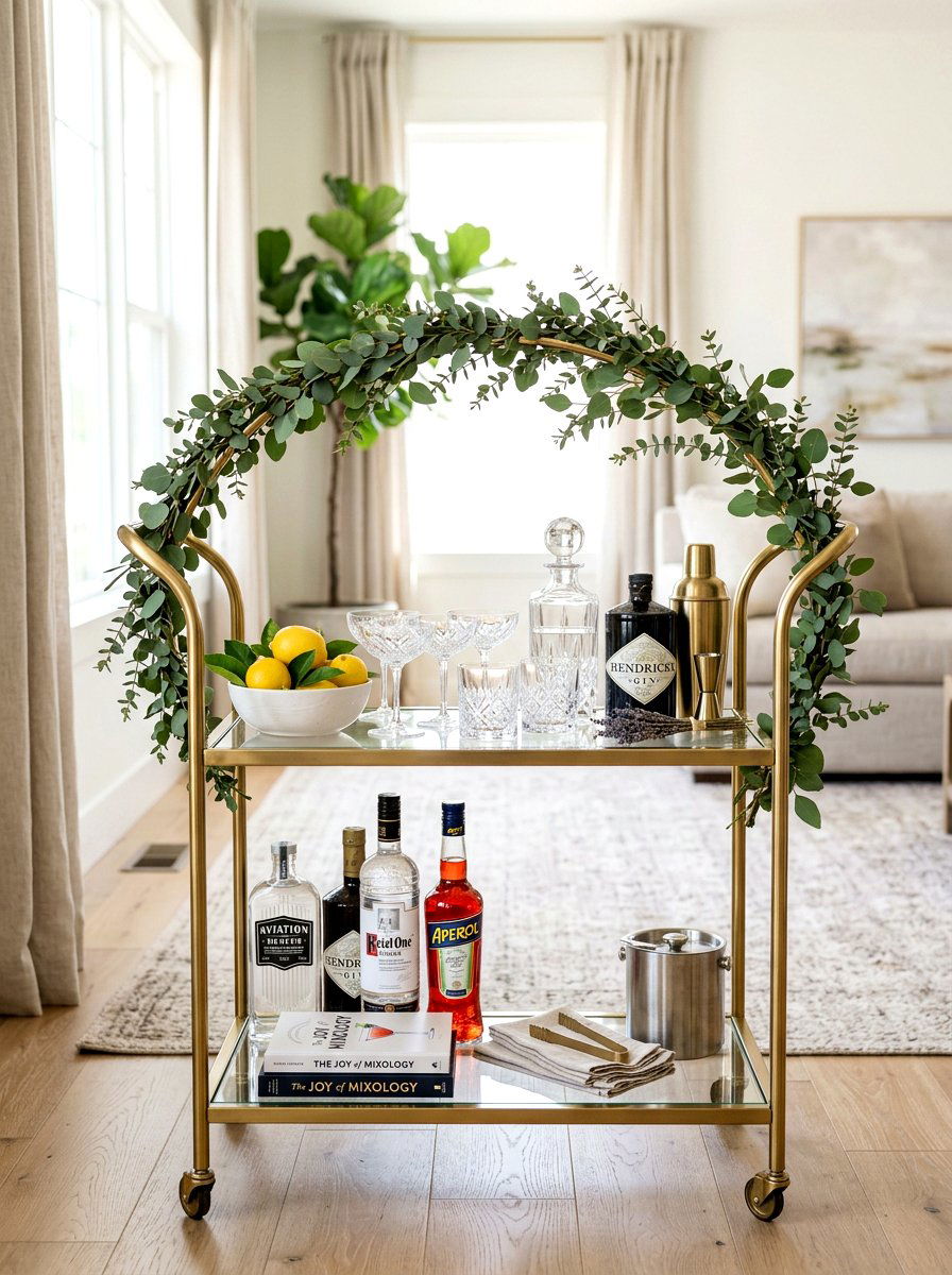 Bar Cart Spring Styling - 25 Spring Eucalyptus Garland Ideas