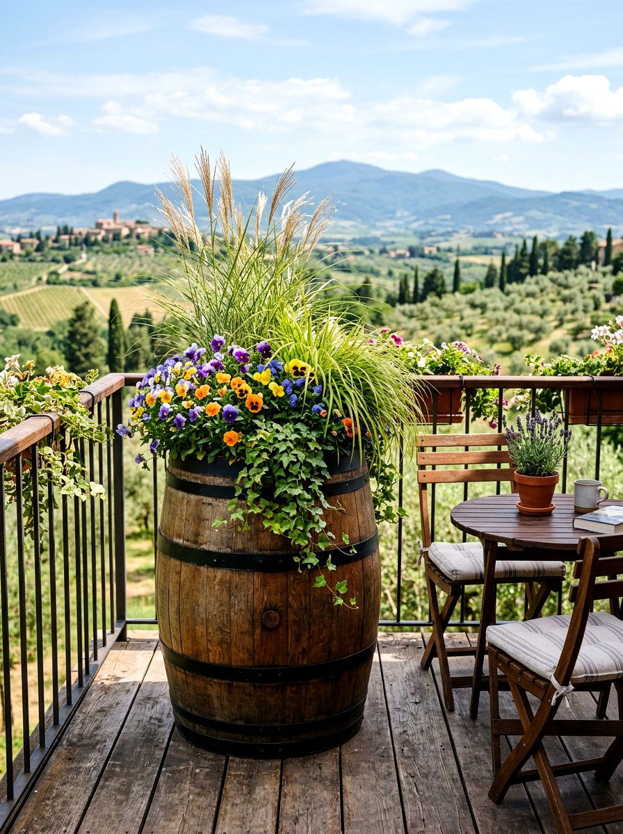 Barrel planter for apartment - 25 Spring Balcony Planter Ideas