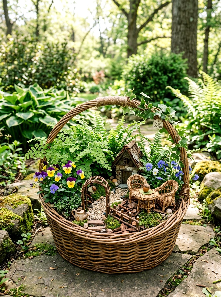Basket fairy garden - 25 Spring Fairy Garden Ideas