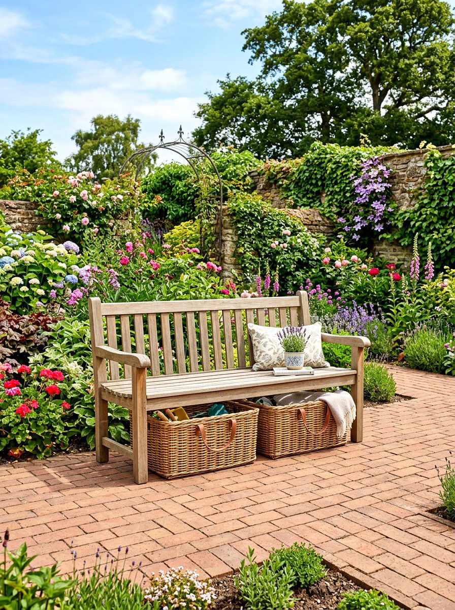 Baskets Under Garden Bench - 25 Spring Garden Bench Decor Ideas