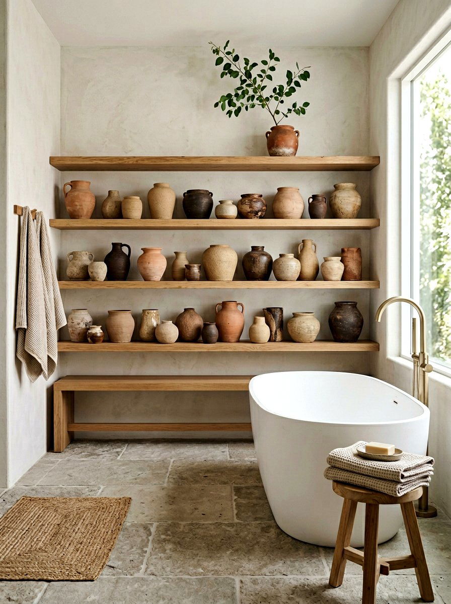 Bathroom Using Earthy Clay Vases - 25 Spring Wabi Sabi Decor Ideas