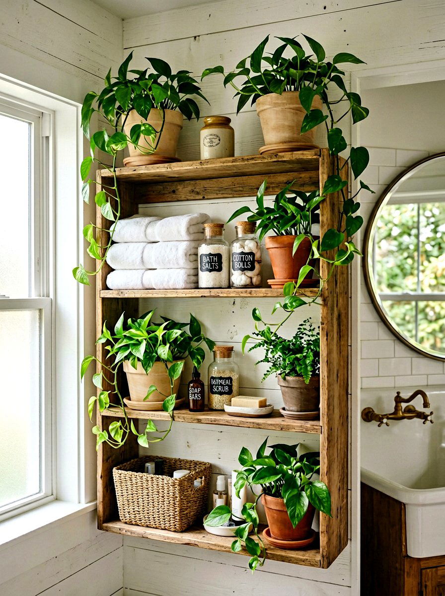 Bathroom shelf greenery - 25 Spring Bathroom Plant Display Ideas
