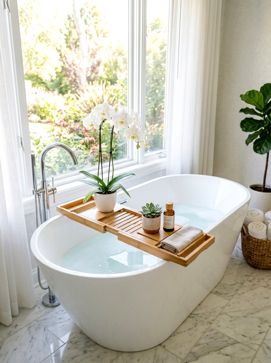 Bathtub tray greenery - 25 Spring Bathroom Plant Display Ideas