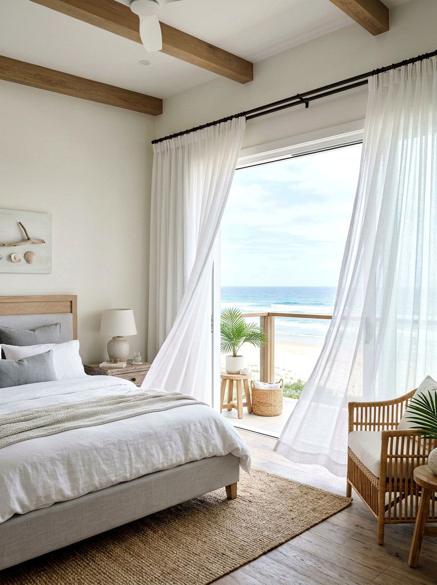 Beach Bedroom With Airy Sheer Curtains - 25 Spring Beach House Decor Ideas