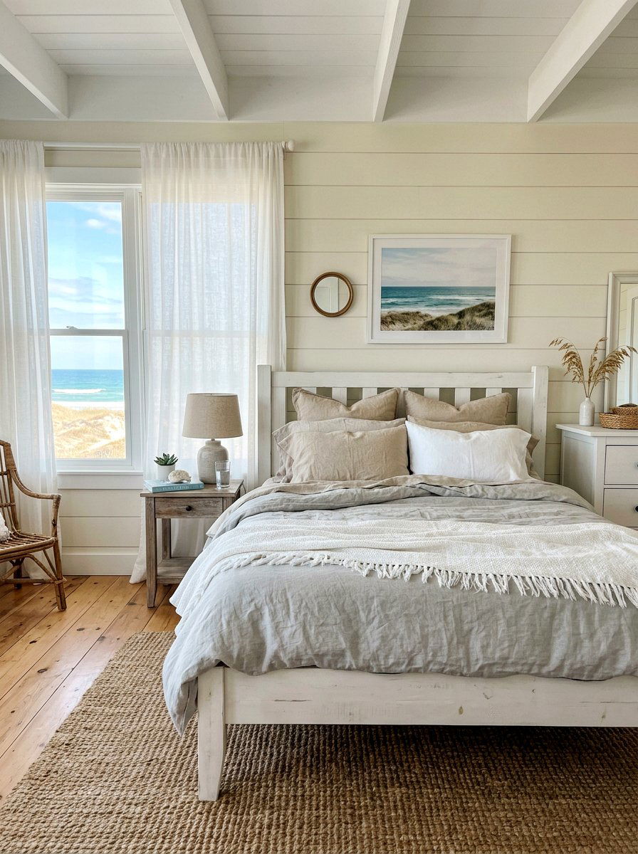 Beach House Bedroom With Linen Bedding - 25 Spring Beach House Decor Ideas
