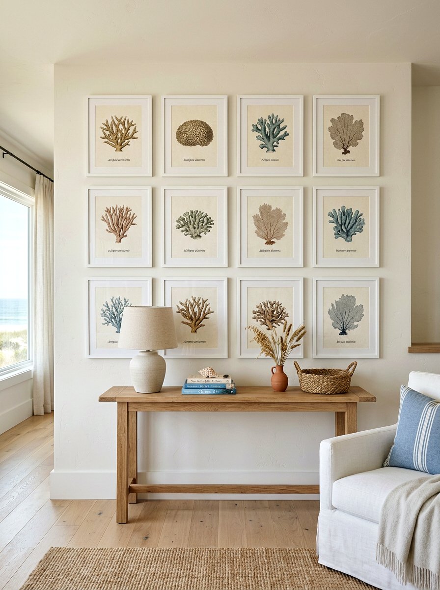 Beach House Gallery Wall With Coral Art - 25 Spring Beach House Decor Ideas