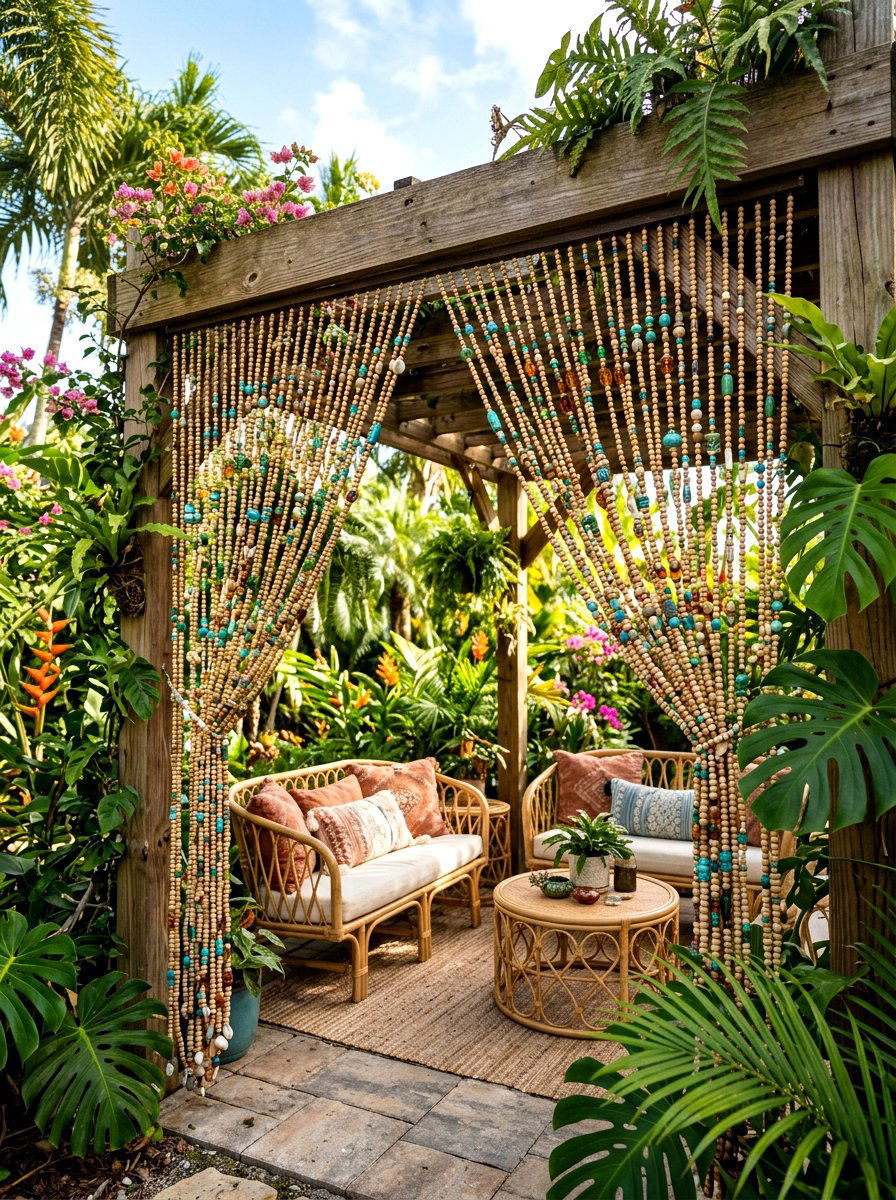 Beaded curtain accents - 25 Spring Pergola Hanging Decor Ideas
